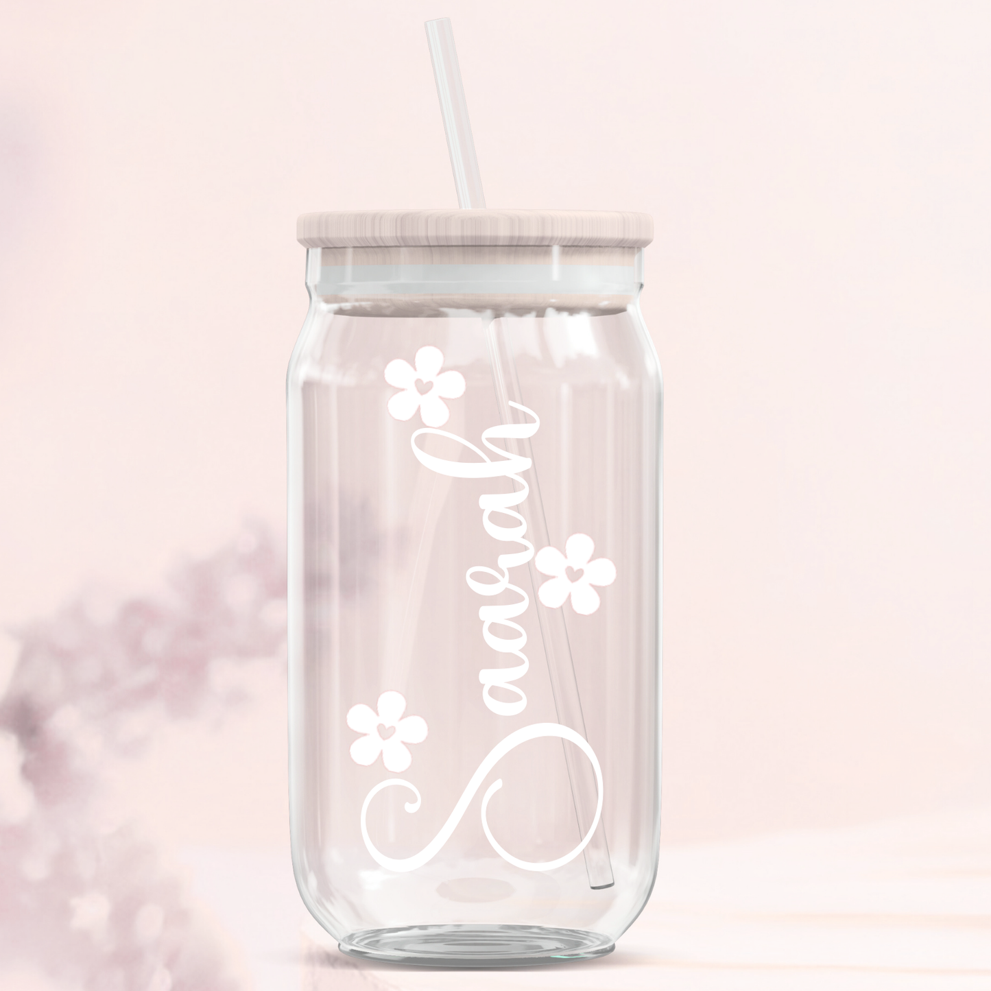 Personalised Name Decal Glass Can Tumbler - Floral