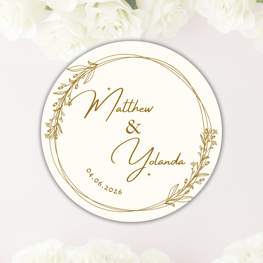 Personalised Wedding Sticker-Beige and Gold Wreath