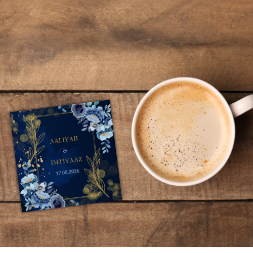 Dark Blue Floral and Gold Wedding Coaster