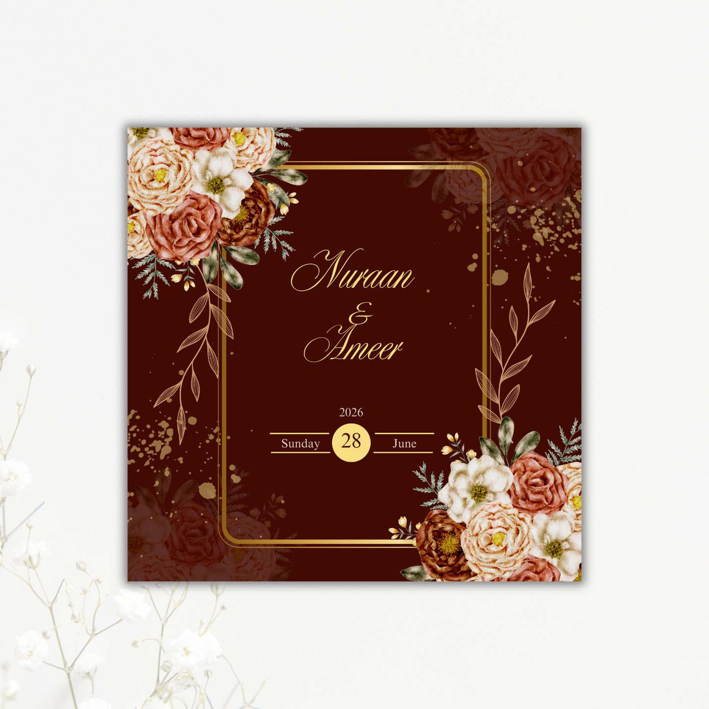 Burgundy Floral Wedding Coaster