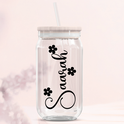 Personalised Name Decal  Glass Can Tumbler - Floral
