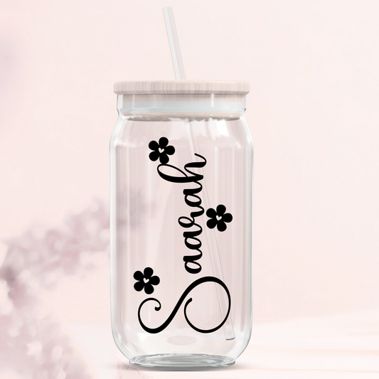 Personalised Name Decal  Glass Can Tumbler - Floral