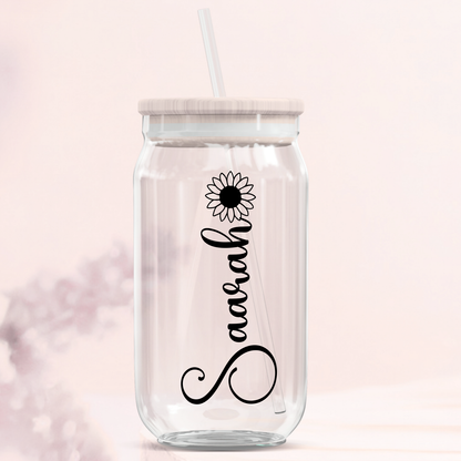 Personalised Name Decal  Glass Can Tumbler - Floral