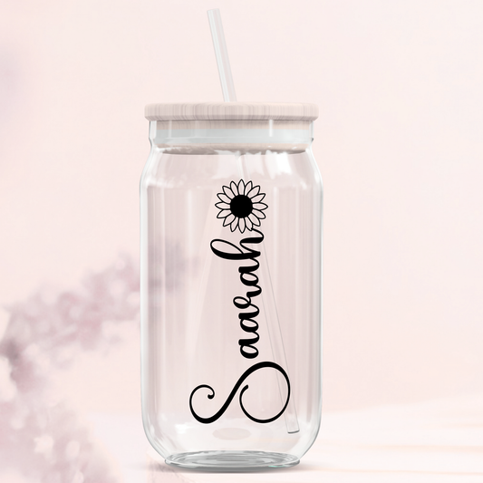 Personalised Name Decal  Glass Can Tumbler - Floral