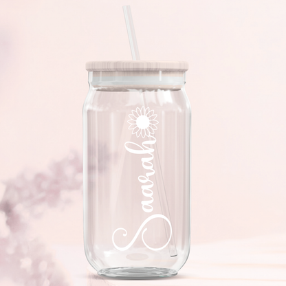 Personalised Name Decal  Glass Can Tumbler - Floral