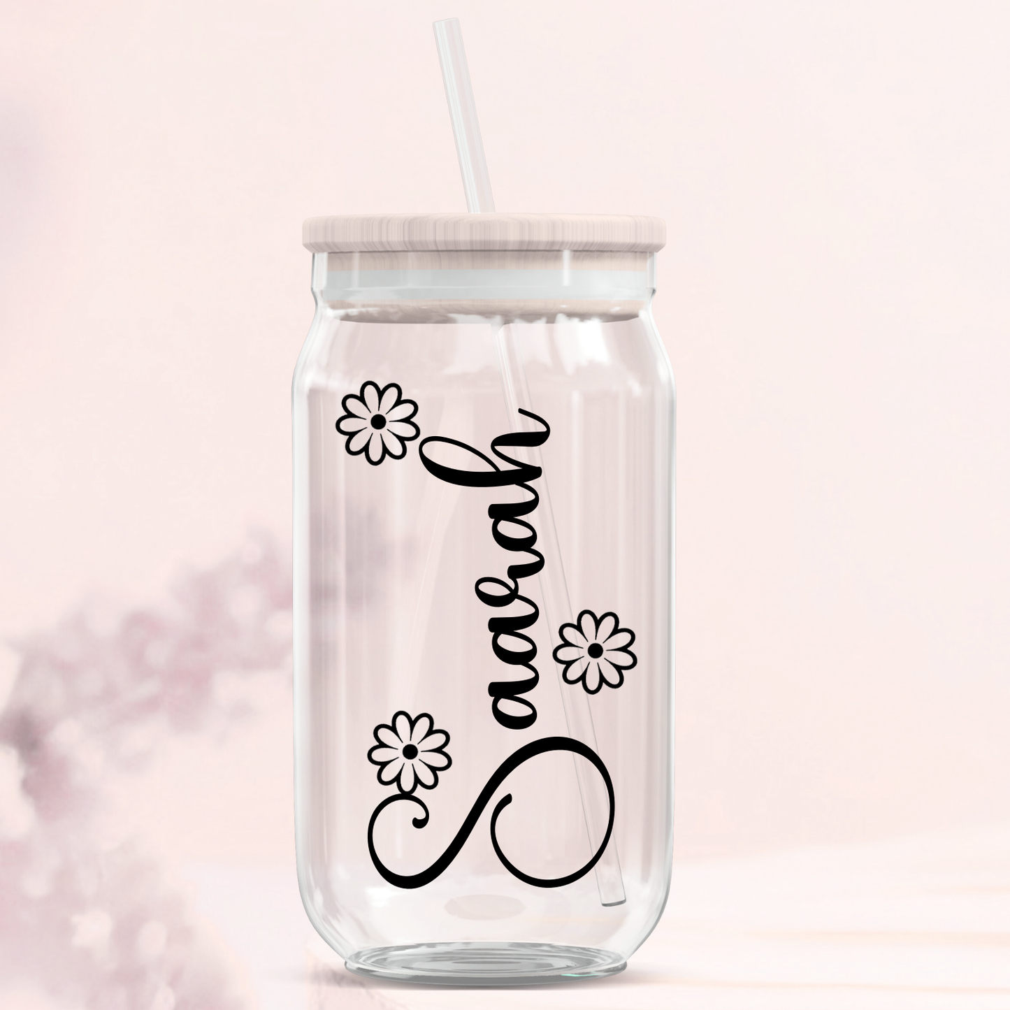 Personalised Name Decal  Glass Can Tumbler - Floral