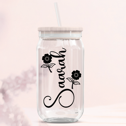 Personalised Name Decal  Glass Can Tumbler - Floral