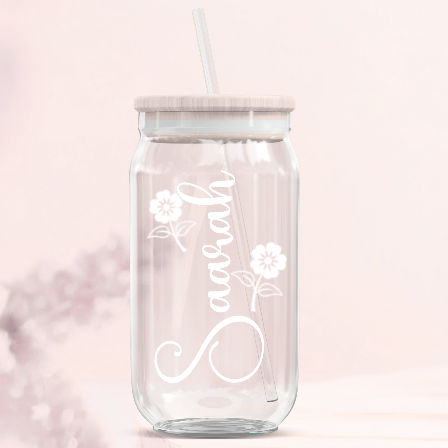 Personalised Name Decal  Glass Can Tumbler - Floral