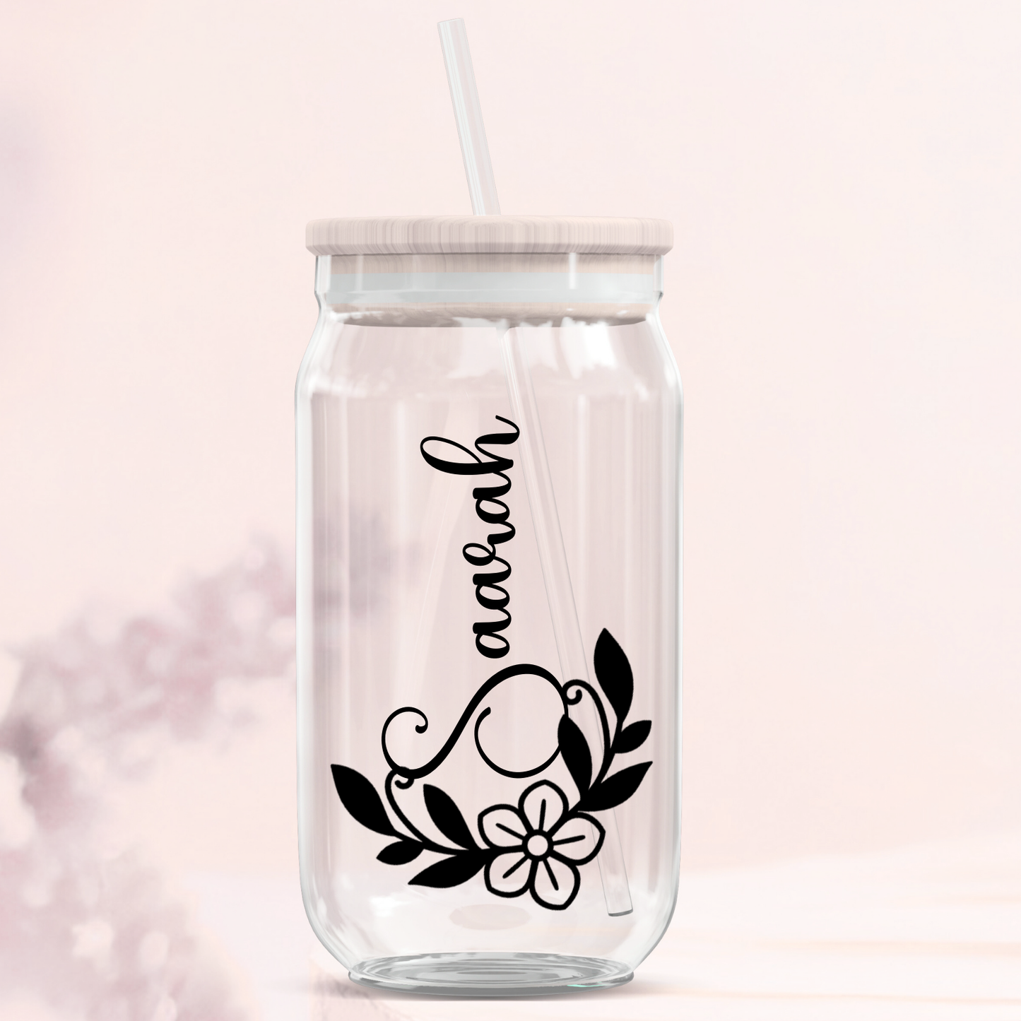 Personalised Name Decal  Glass Can Tumbler - Floral