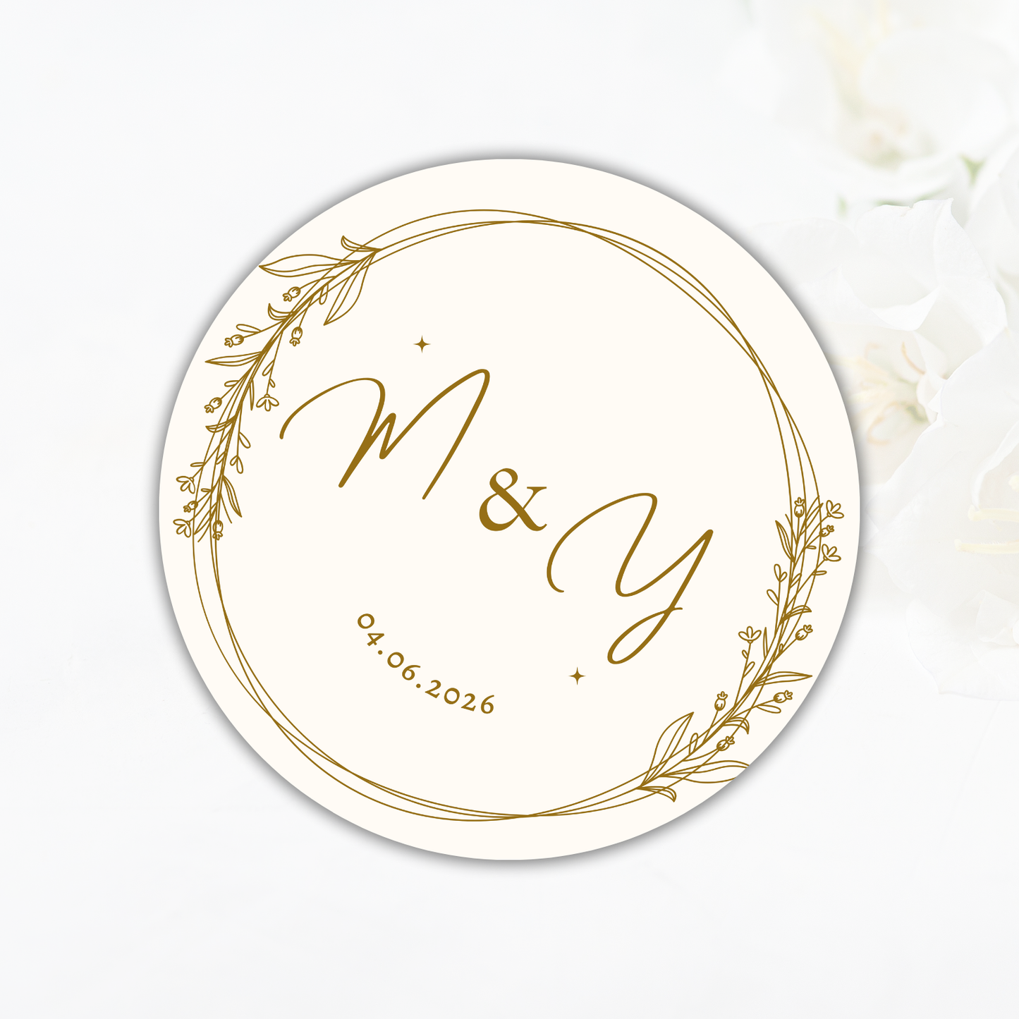 Personalised Wedding Sticker- Gold wreath (Initials only)