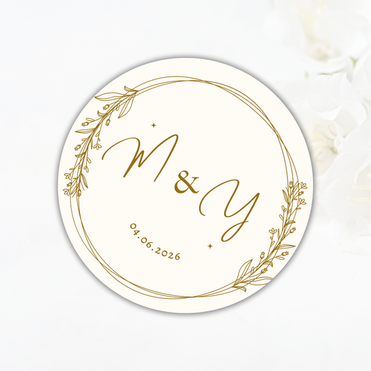 Personalised Wedding Sticker- Gold wreath (Initials only)