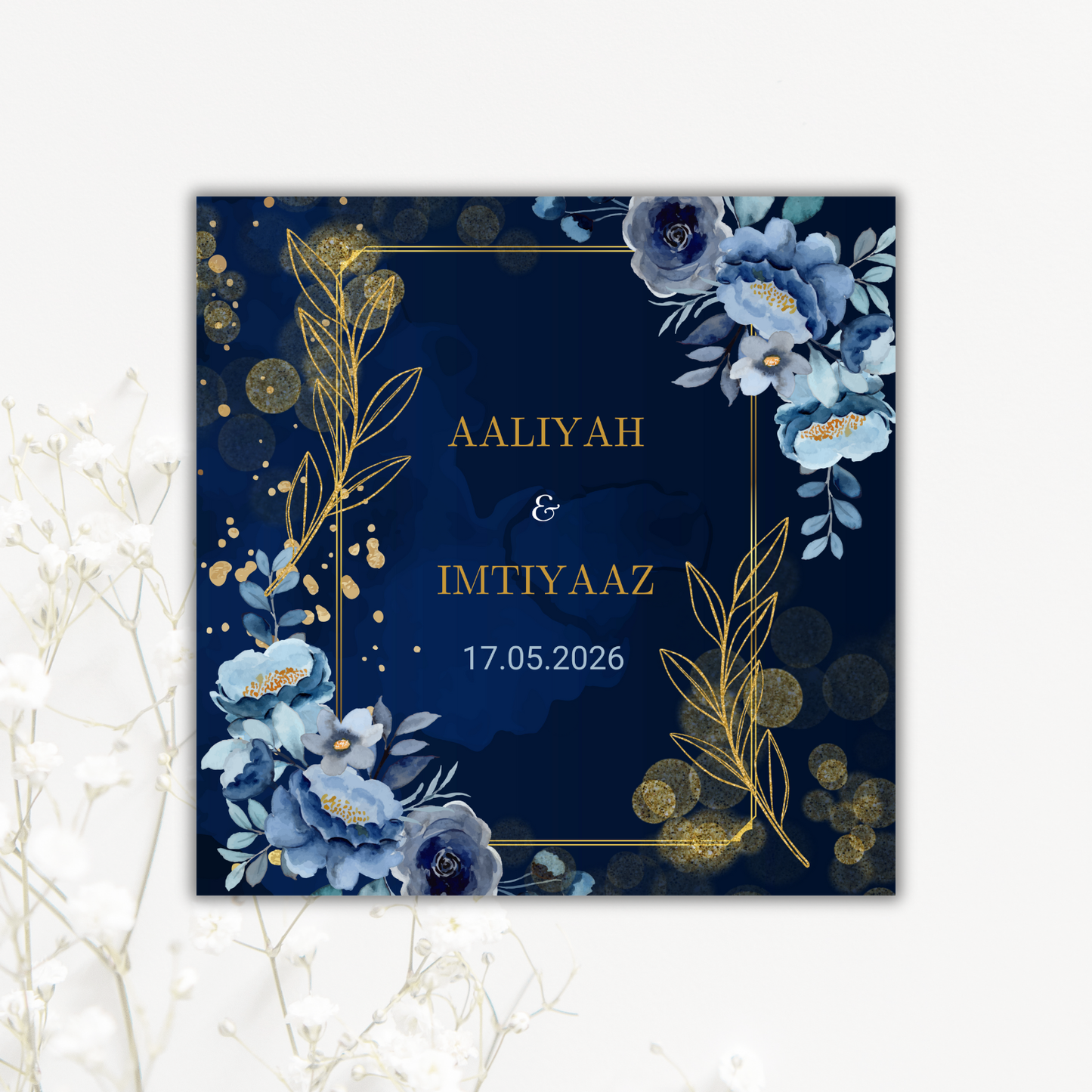 Dark Blue Floral and Gold Wedding Coaster